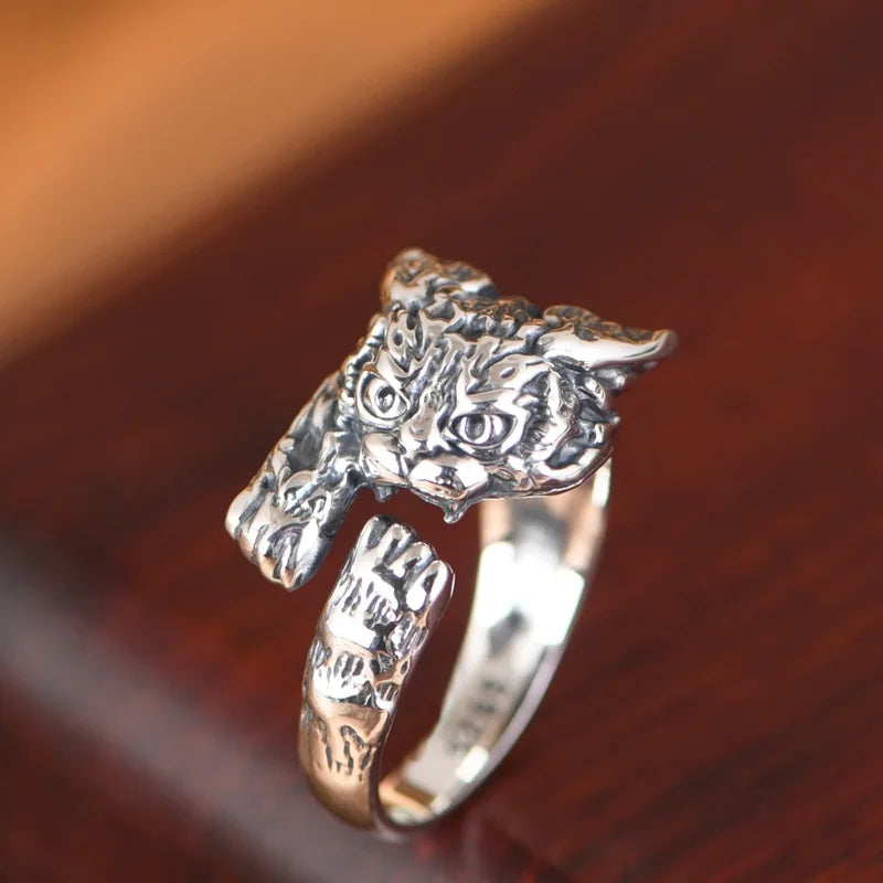 Real 925 Sterling Silver Cute Russian Cat Ring For Women Retro Personality Cartoon 3D High-end Jewelry