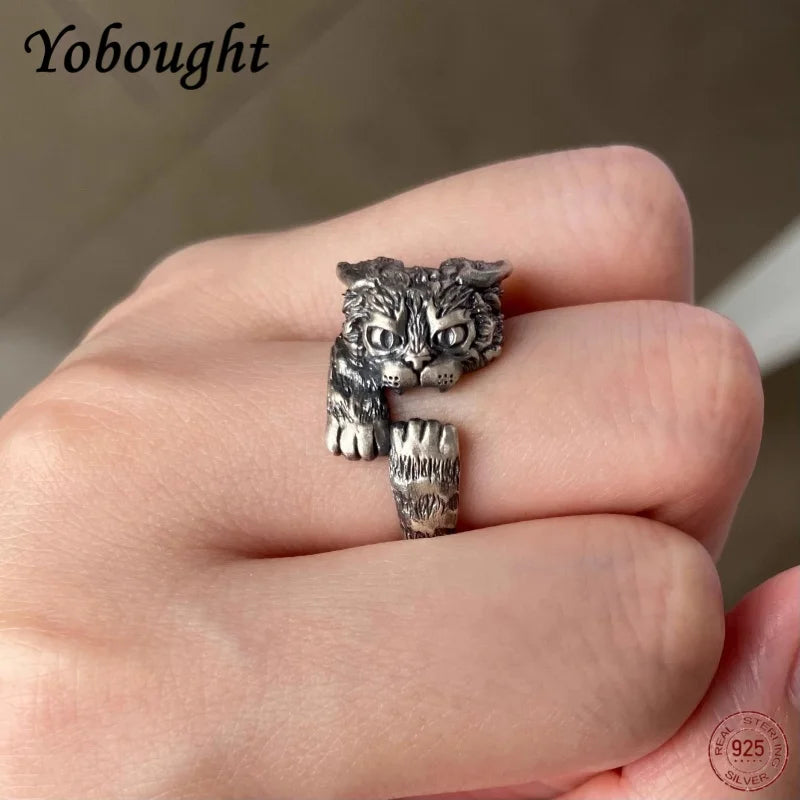 Real 925 Sterling Silver Cute Russian Cat Ring For Women Retro Personality Cartoon 3D High-end Jewelry