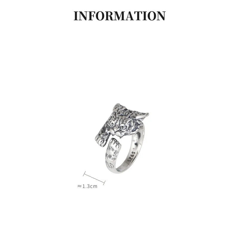 Real 925 Sterling Silver Cute Russian Cat Ring For Women Retro Personality Cartoon 3D High-end Jewelry