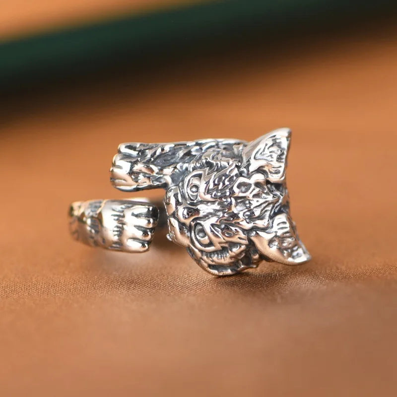 Real 925 Sterling Silver Cute Russian Cat Ring For Women Retro Personality Cartoon 3D High-end Jewelry