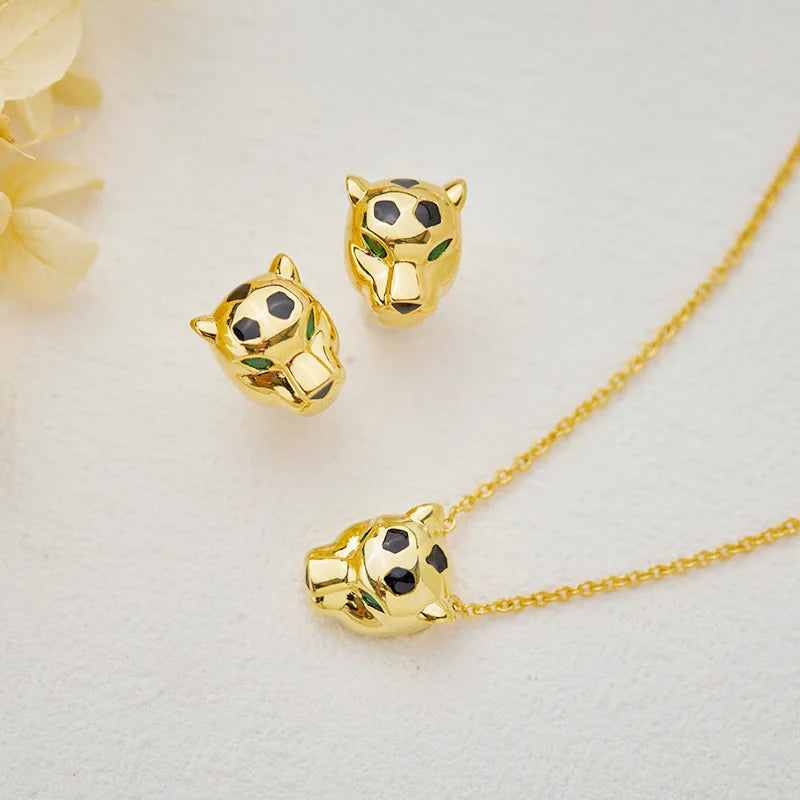 Designer Fashion Style Earrings Necklace Inlay Cubic Zircon Black Enamel Spots Leopard Panther Jewelry Sets