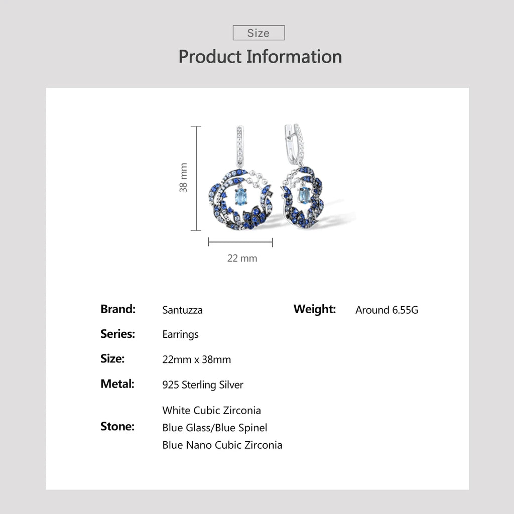 SANTUZZA 925 Sterling Silver Drop Earrings For Women Sparkling Blue Gems White CZ Round Flower Earrings Delicate Fine Jewelry