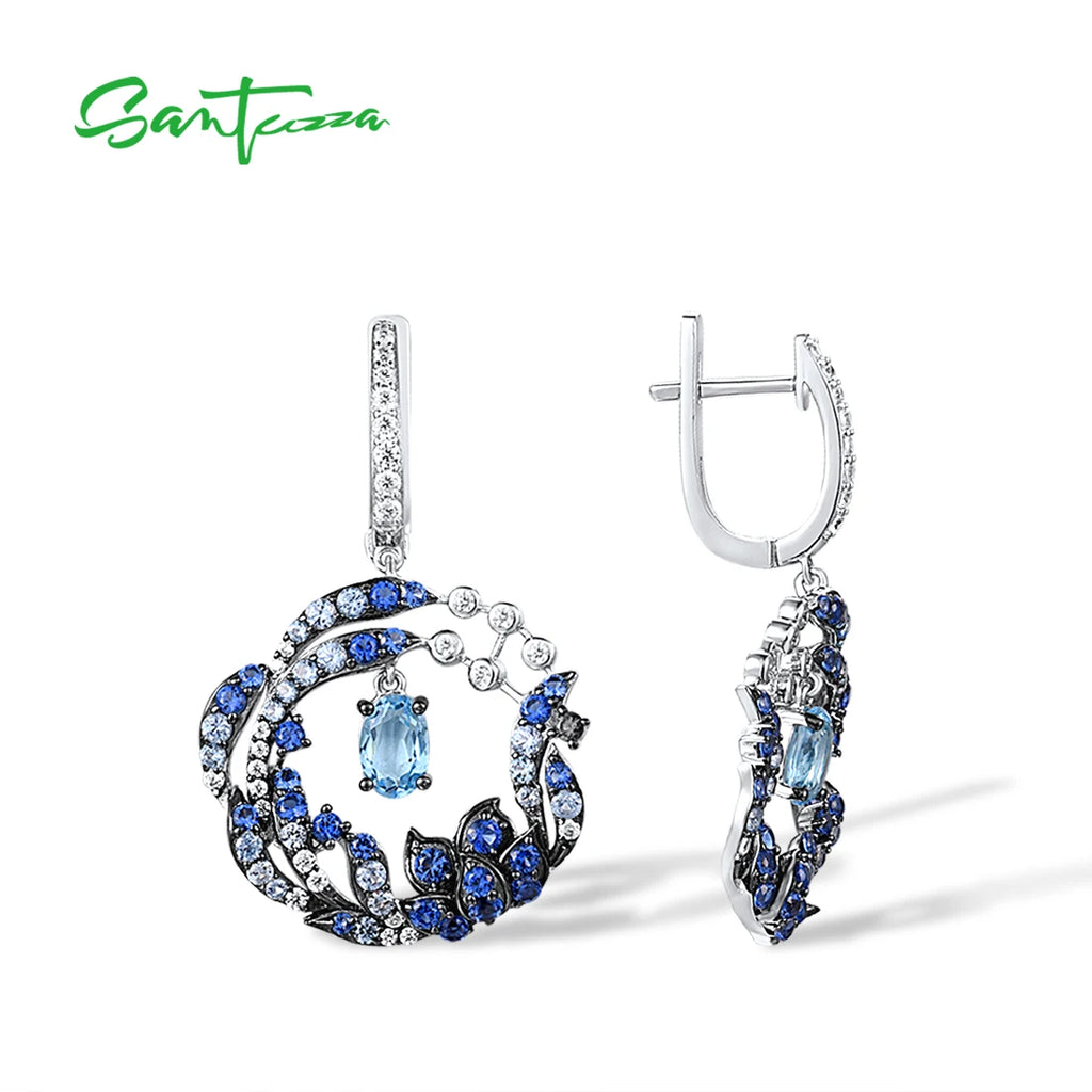 SANTUZZA 925 Sterling Silver Drop Earrings For Women Sparkling Blue Gems White CZ Round Flower Earrings Delicate Fine Jewelry
