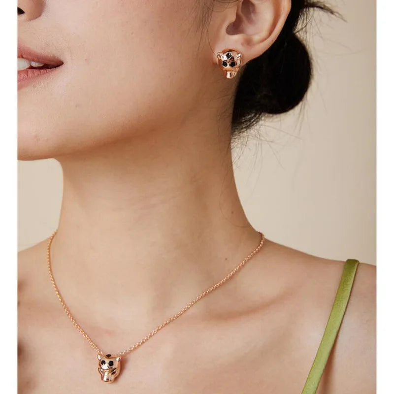 Designer Fashion Style Earrings Necklace Inlay Cubic Zircon Black Enamel Spots Leopard Panther Jewelry Sets