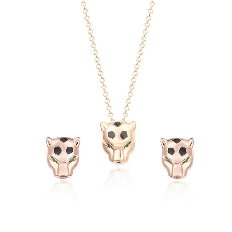 Designer Fashion Style Earrings Necklace Inlay Cubic Zircon Black Enamel Spots Leopard Panther Jewelry Sets