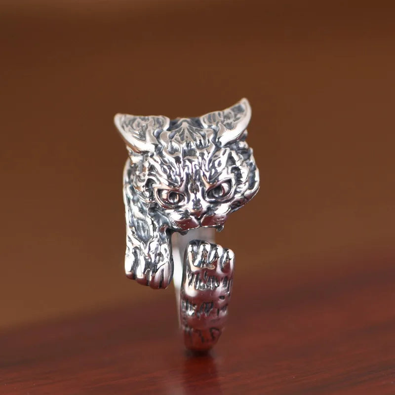 Real 925 Sterling Silver Cute Russian Cat Ring For Women Retro Personality Cartoon 3D High-end Jewelry