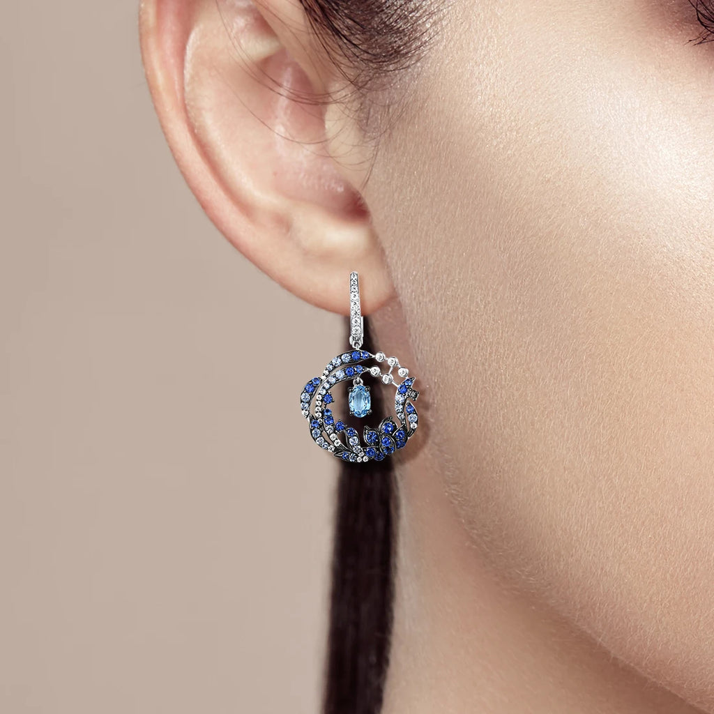 SANTUZZA 925 Sterling Silver Drop Earrings For Women Sparkling Blue Gems White CZ Round Flower Earrings Delicate Fine Jewelry