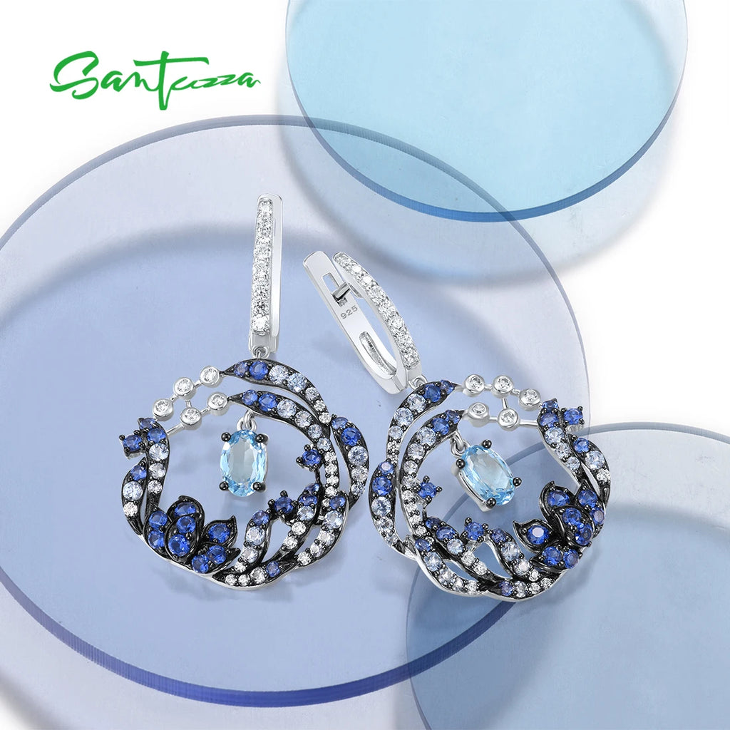 SANTUZZA 925 Sterling Silver Drop Earrings For Women Sparkling Blue Gems White CZ Round Flower Earrings Delicate Fine Jewelry
